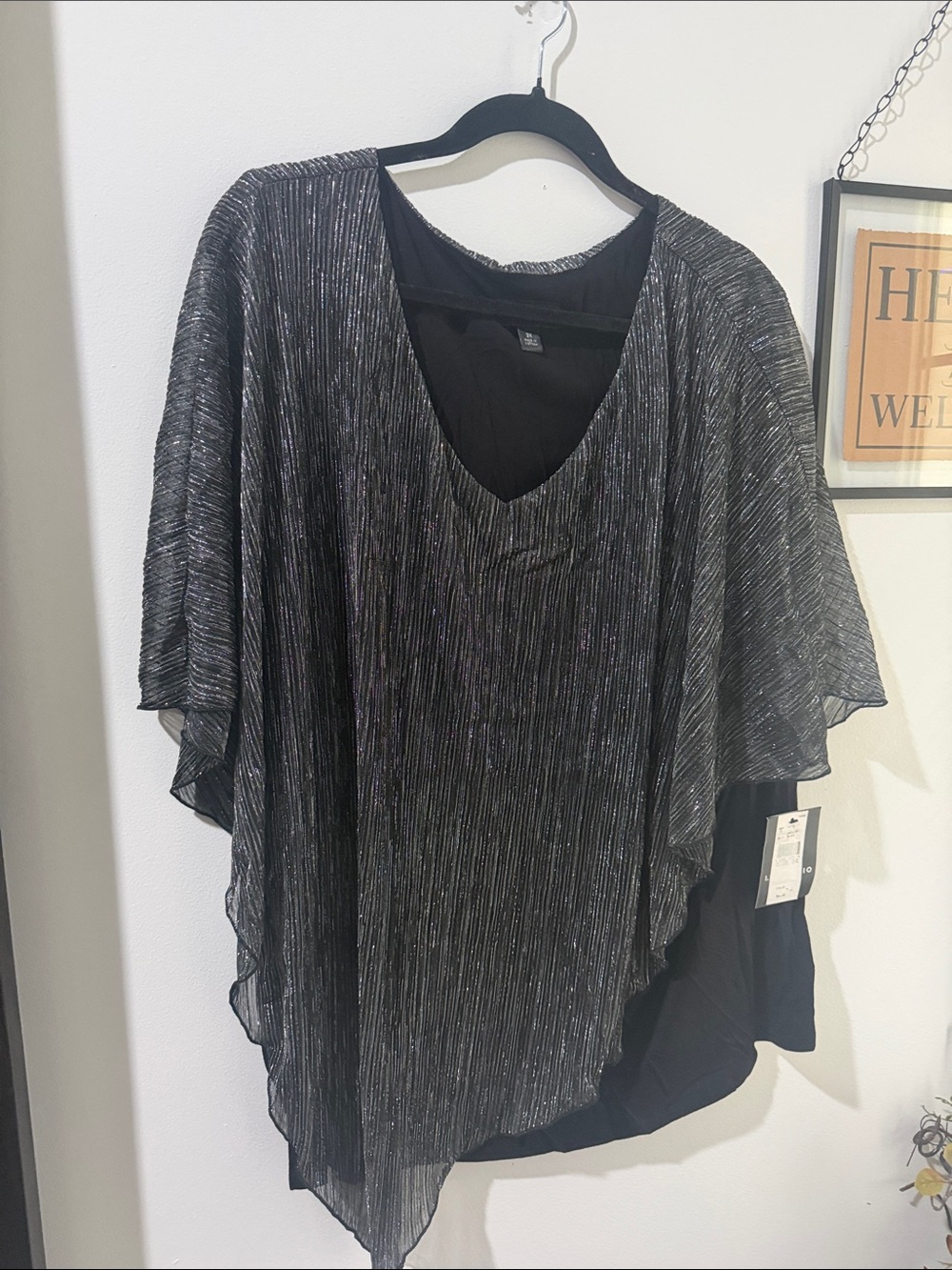 I.N. Studio Shimmer V-Neck Poncho Top - Black/Silver